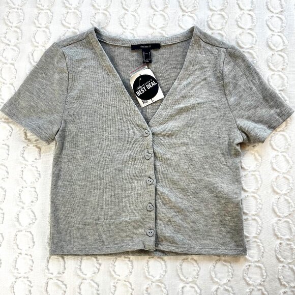 Forever 21 Crop Cardigan Sweater Women's L Heart Button Knit Top Preppy Twee NWT - Picture 1 of 4